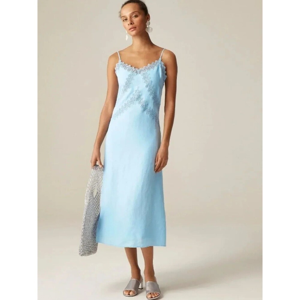 J Crew Lace Trim Slip Dress 100% linen Calm Blue Size 2 lined NWT J.Crew New